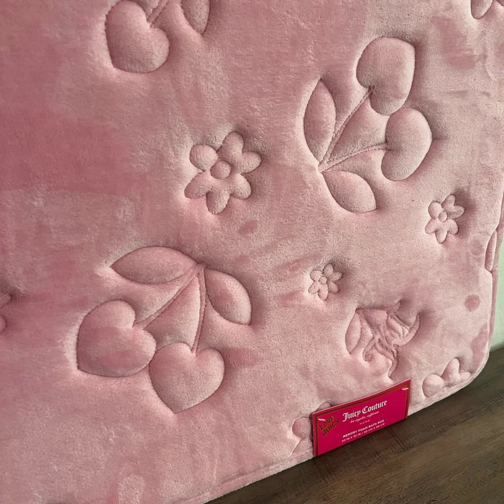 Juicy Couture Cherry Hearts Pink Floral Print Embossed Memory Foam Bath Mat